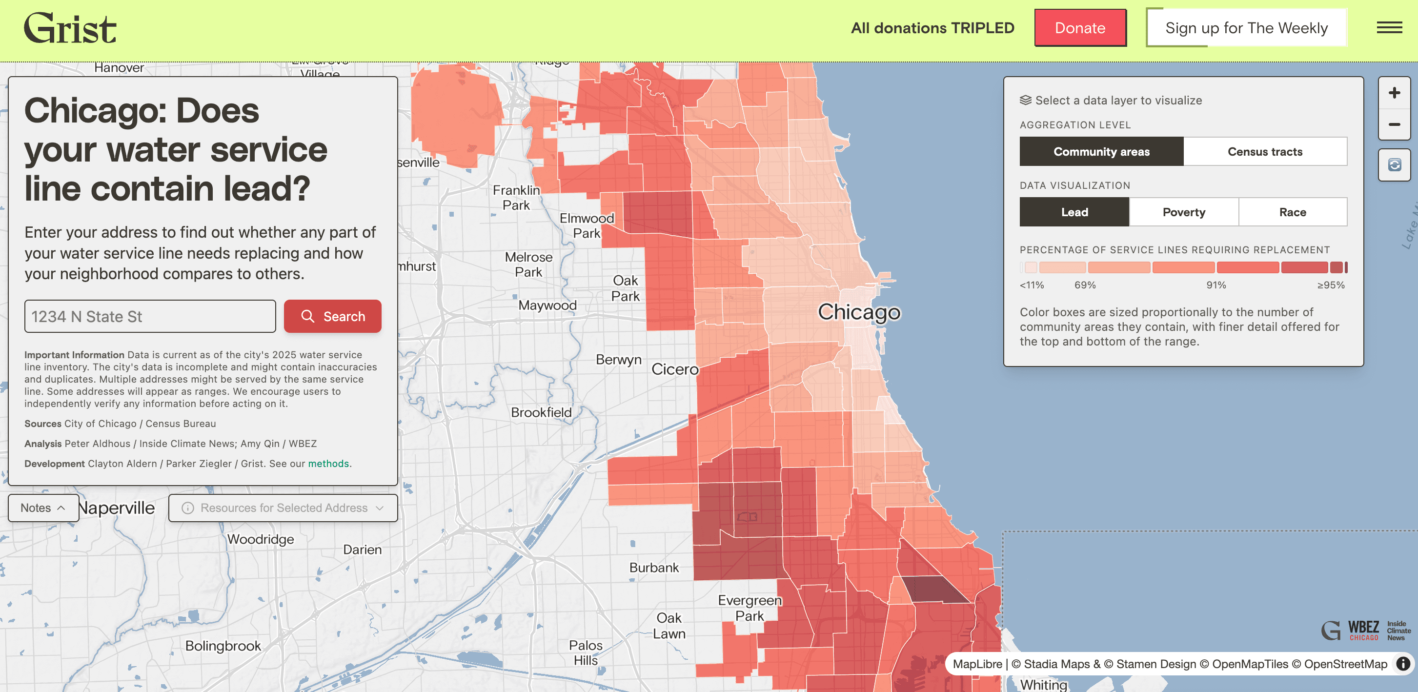 An interactive map of Chicago showing areas with lead pipes